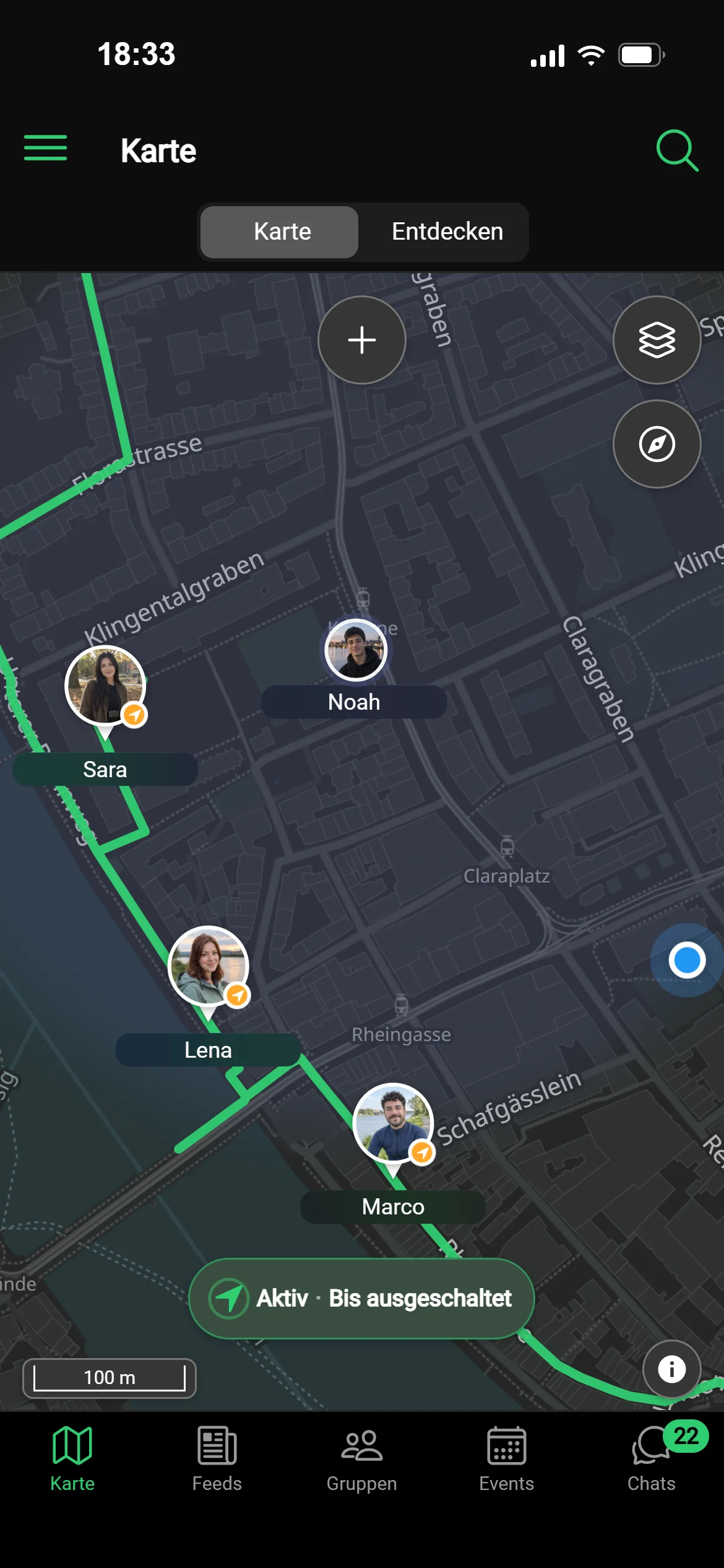 Die Karte in GeoQuestly am Abend in Basel: die Rhein-Sunset-Tour läuft, Freunde und Gruppenmitglieder sind unterwegs, mit der Route der Gruppe und deinem Standort