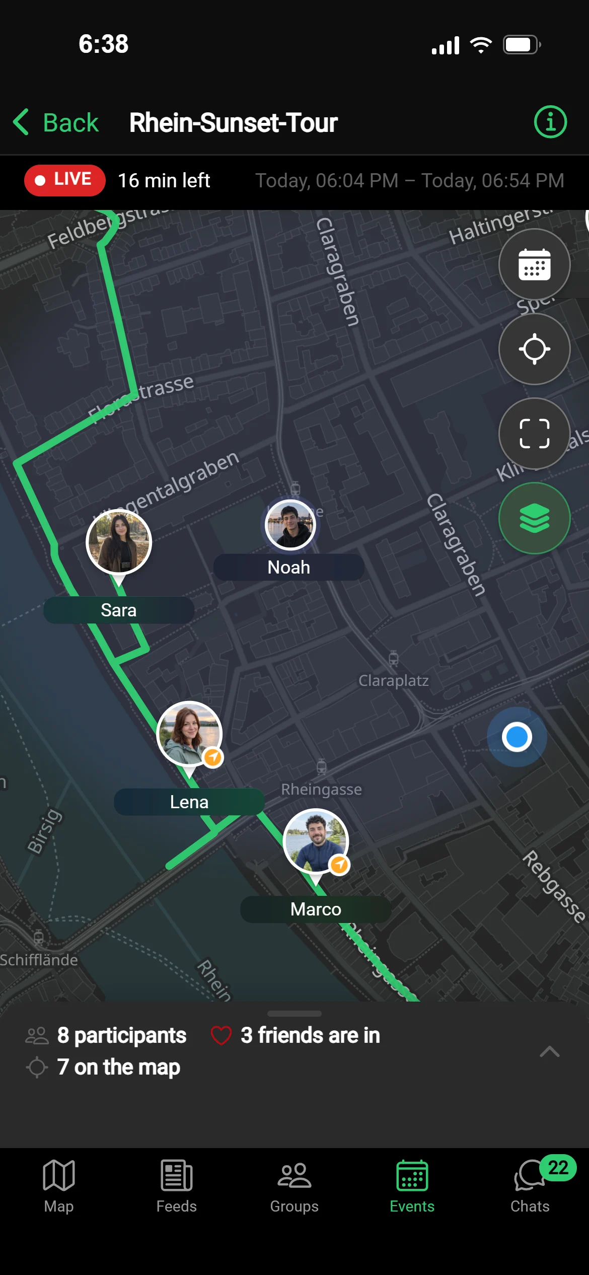 The live view of the Rhine sunset tour in GeoQuestly: the time left, the route, who is on the way and how many are in