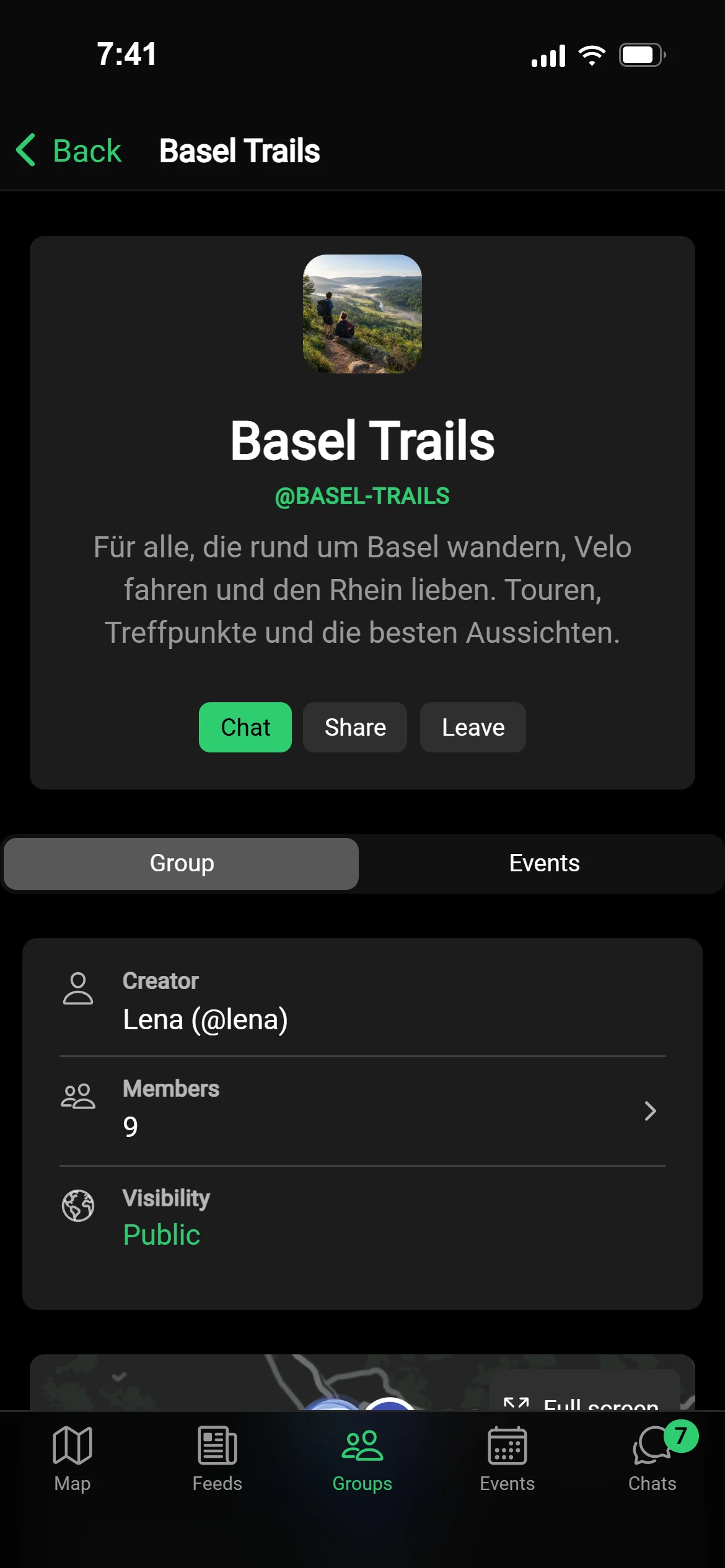 The Basel Trails group page in GeoQuestly: picture, description, chat, members and events