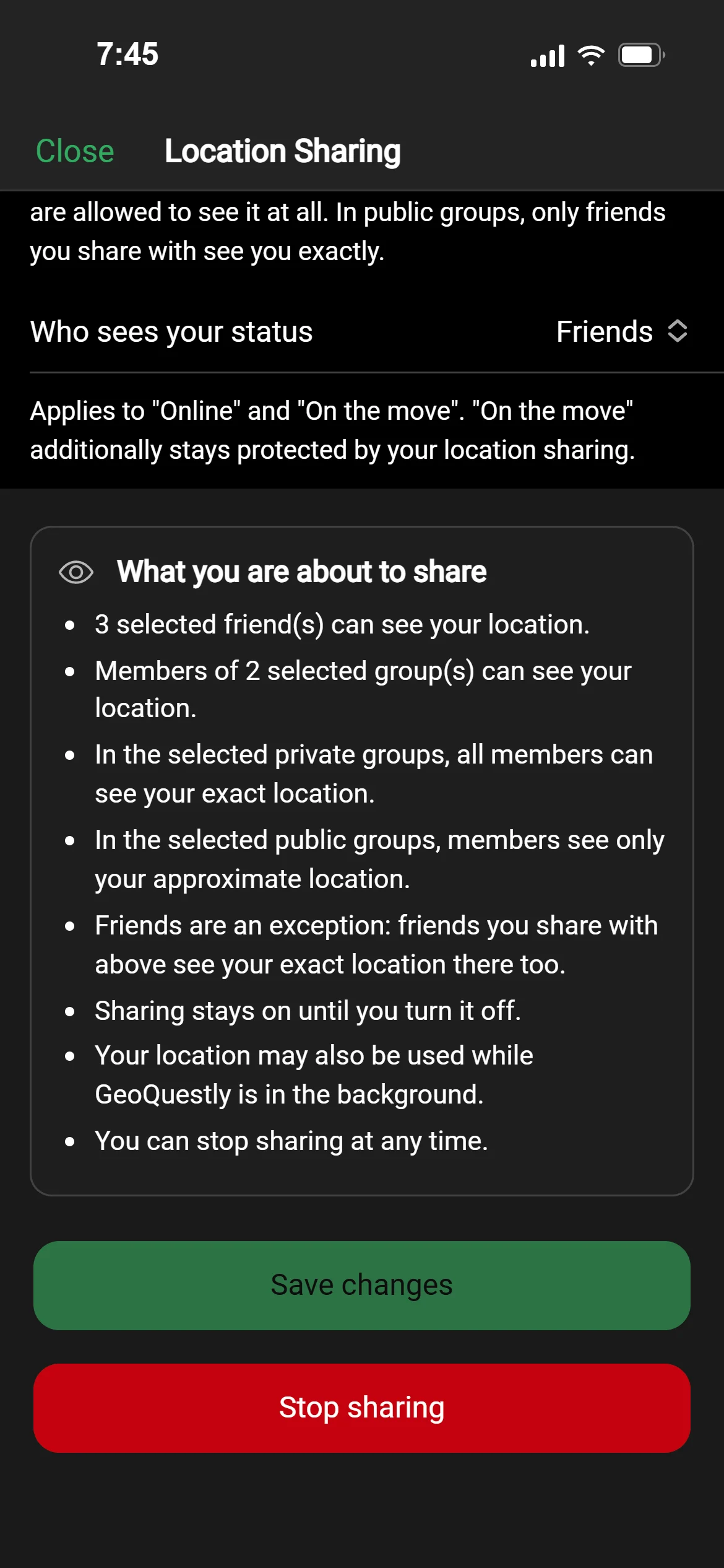 Location sharing in GeoQuestly: three selected friends and two groups see your location, public groups only roughly, until you stop sharing
