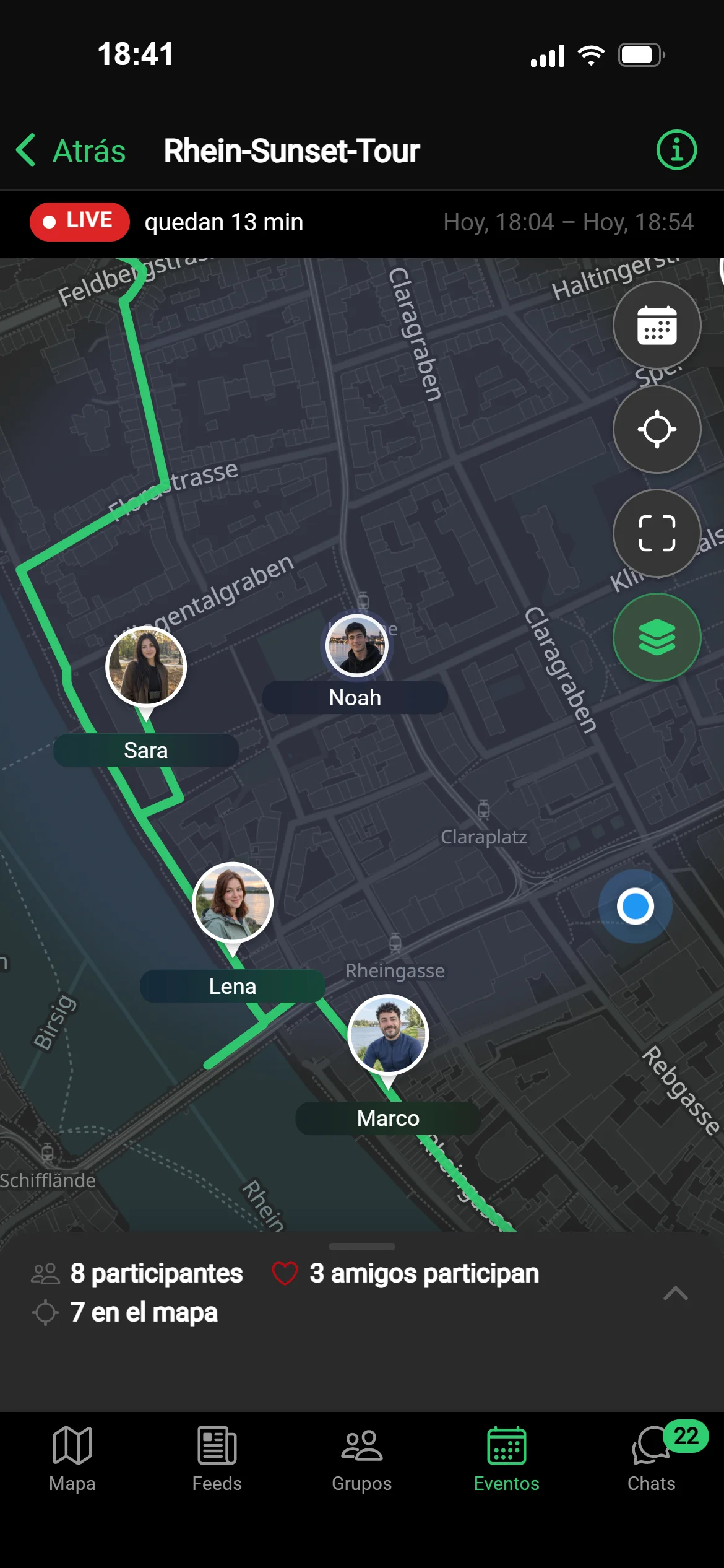 La vista en directo del tour del atardecer junto al Rin en GeoQuestly: el tiempo que queda, la ruta, quién está en camino y cuántos participan