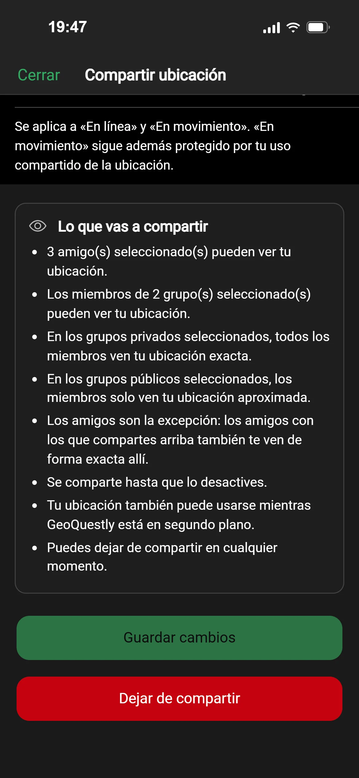 Compartir ubicación en GeoQuestly: tres amigos seleccionados y dos grupos ven tu ubicación, los grupos públicos solo de forma aproximada, hasta que dejes de compartir