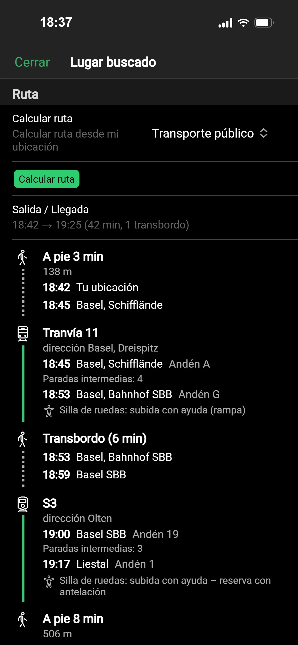 Un trayecto en transporte público de Basilea a Liestal en GeoQuestly: tranvía, tren con andén, un transbordo