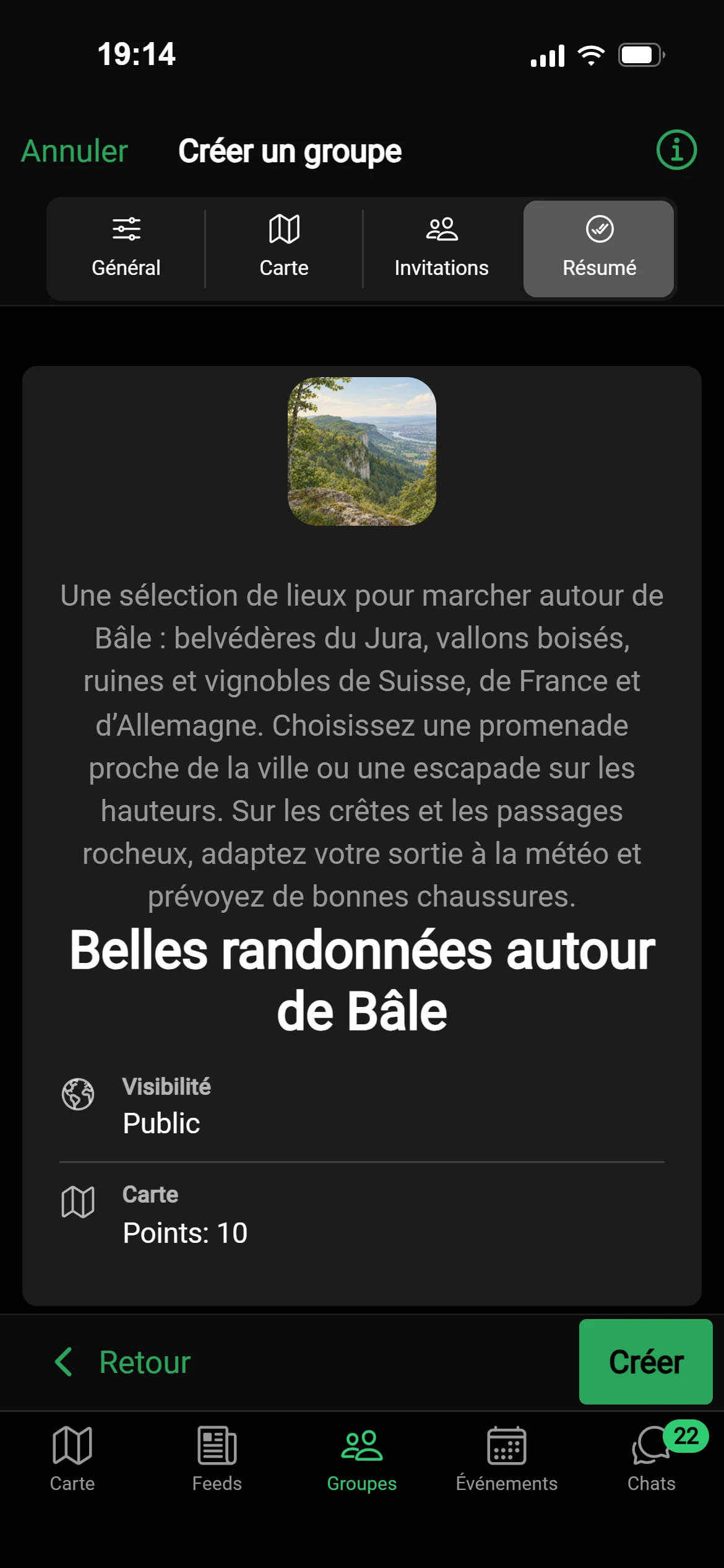 Un brouillon IA d’un groupe dans GeoQuestly : de beaux lieux de randonnée autour de Bâle, avec image, description et lieux, prêt à créer