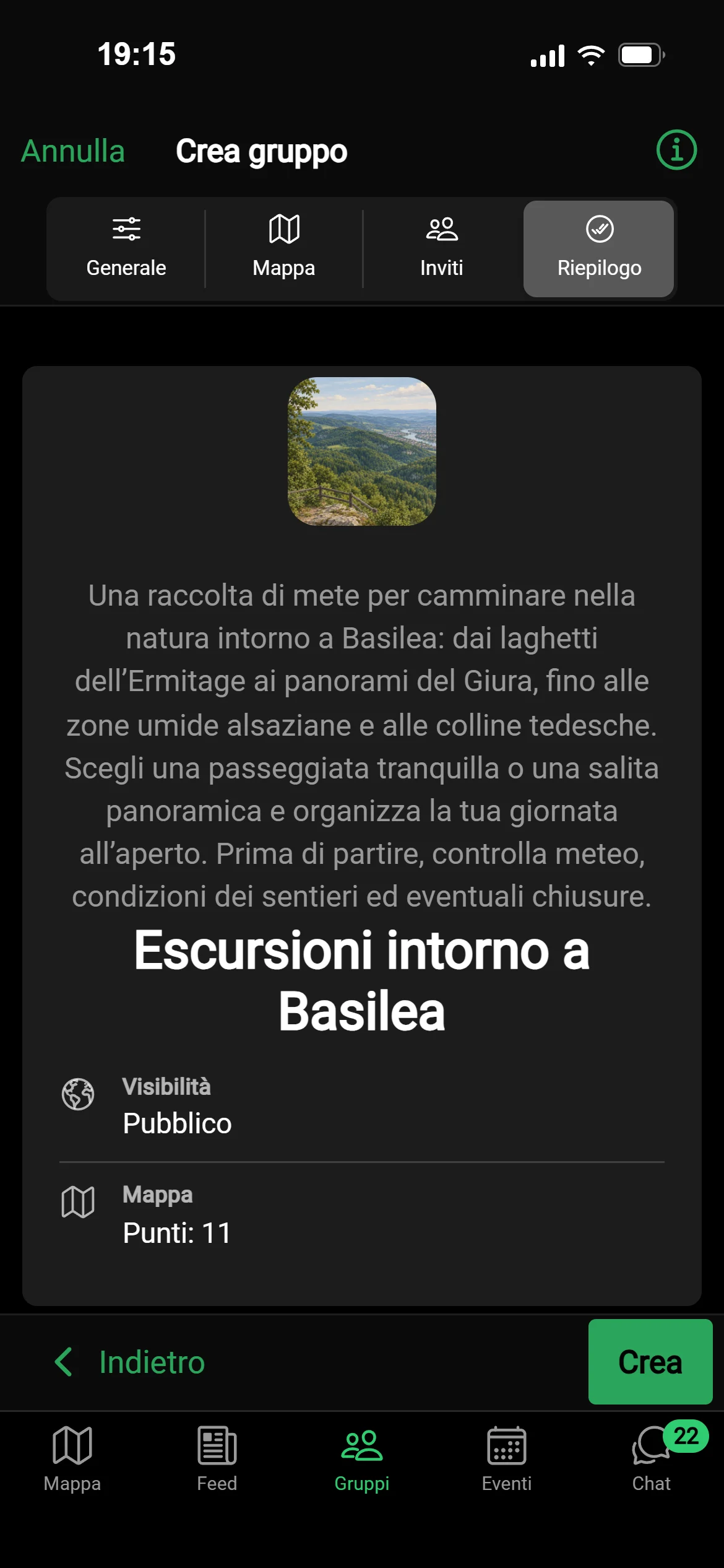 Una bozza IA di un gruppo in GeoQuestly: bei luoghi per escursioni intorno a Basilea, con immagine, descrizione e luoghi, pronta da creare