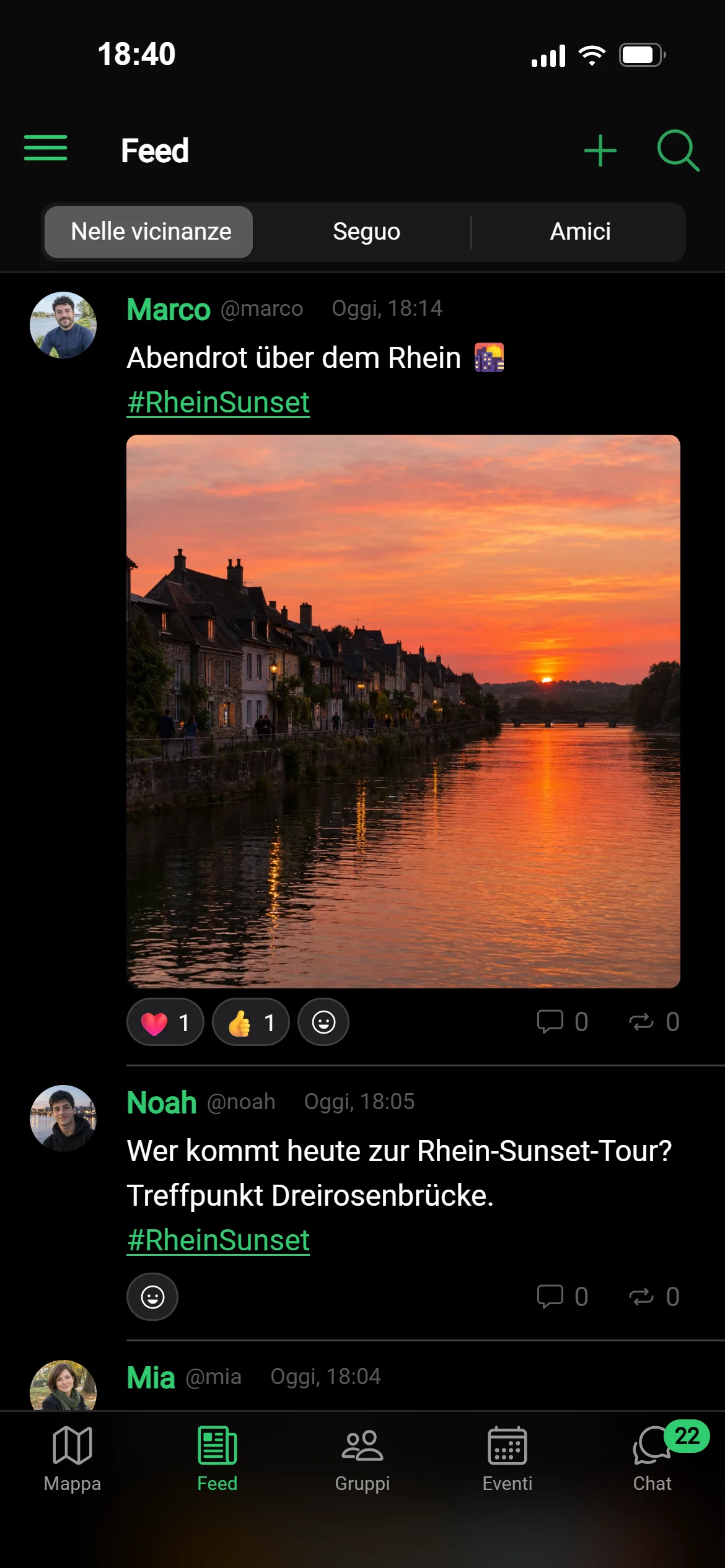 Il feed «Nelle vicinanze» in GeoQuestly: post dei dintorni, prima i più recenti, una foto del tramonto sul Reno con reazioni