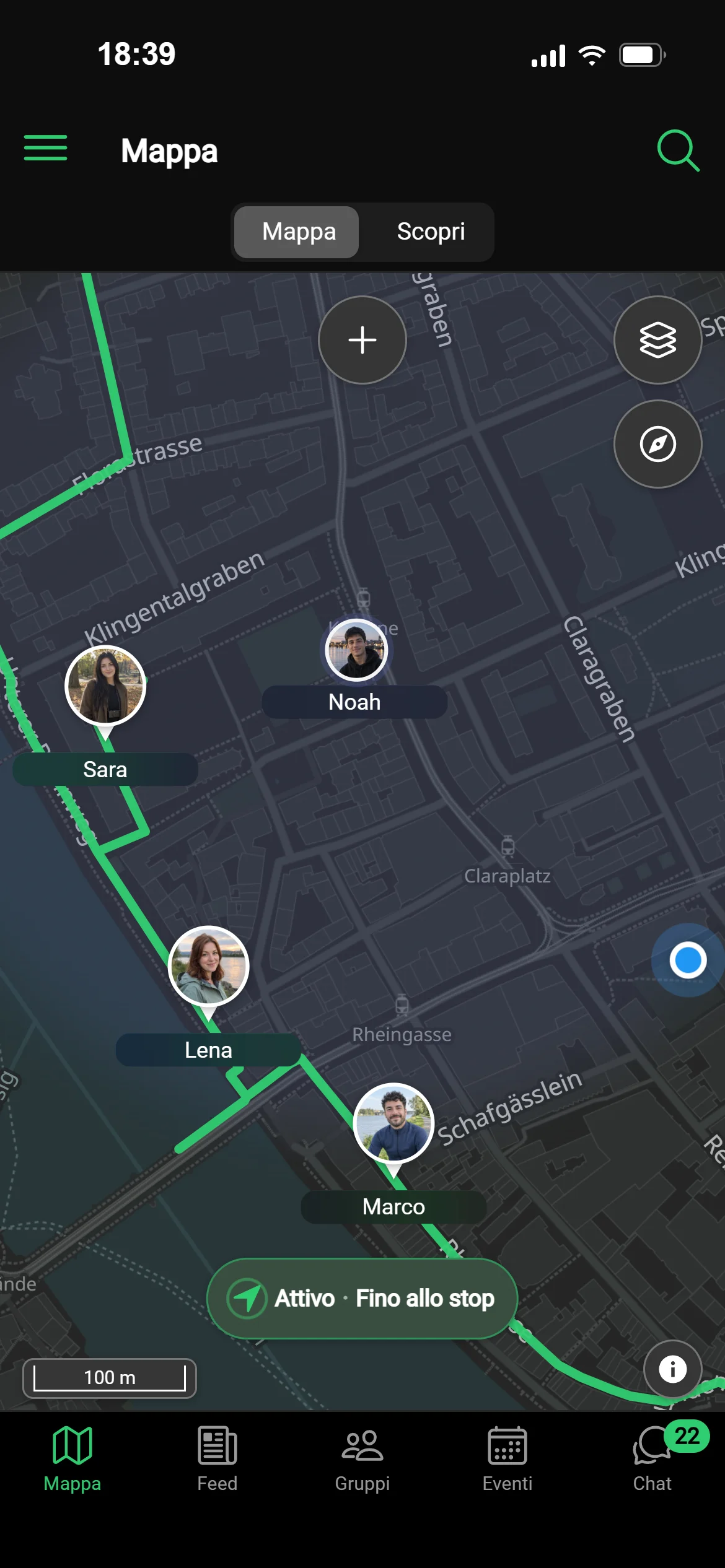 La mappa di GeoQuestly una sera a Basilea: il tour al tramonto sul Reno è in corso, amici e membri del gruppo sono in cammino, con il percorso del gruppo e la tua posizione