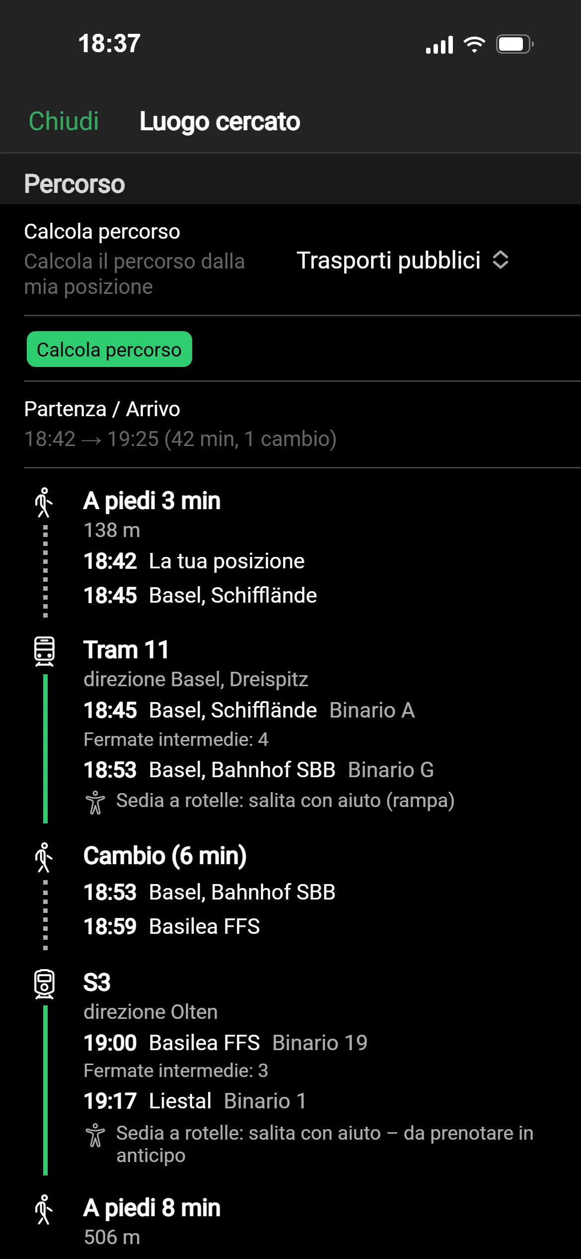 Un viaggio con i mezzi pubblici da Basilea a Liestal in GeoQuestly: tram, treno con binario, un cambio